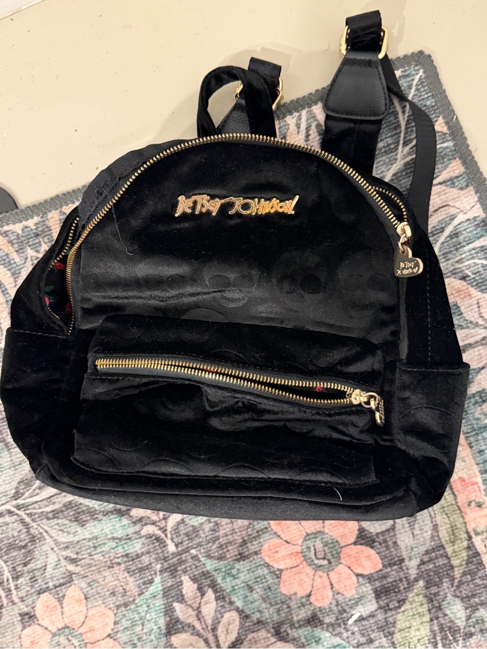 Betsey Johnson Black Velvet Mini Backpack with Gold Hardware